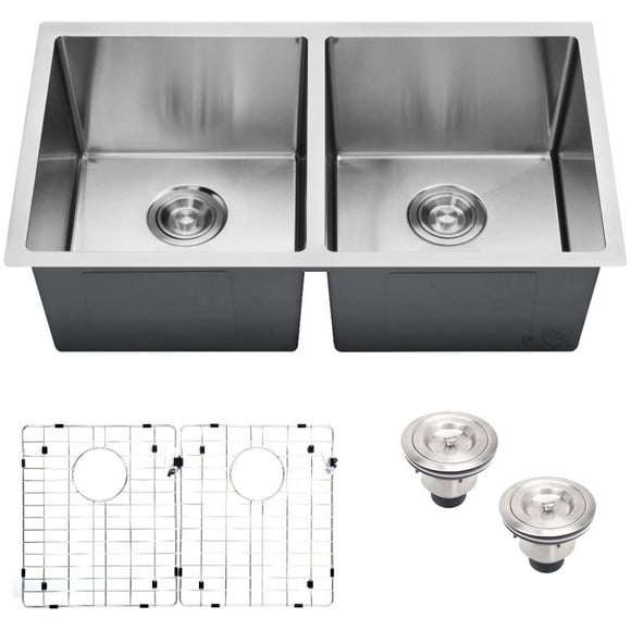 Vuzati 28” L X 18” W Undermount Stainless Steel Kitchen Sink - Stainless Steel Undermount Sink - Deep Double Bowl 50/50 Sink Basin - Basket Strainers – Bottom Grids (28 x 18 x 9 Inch)