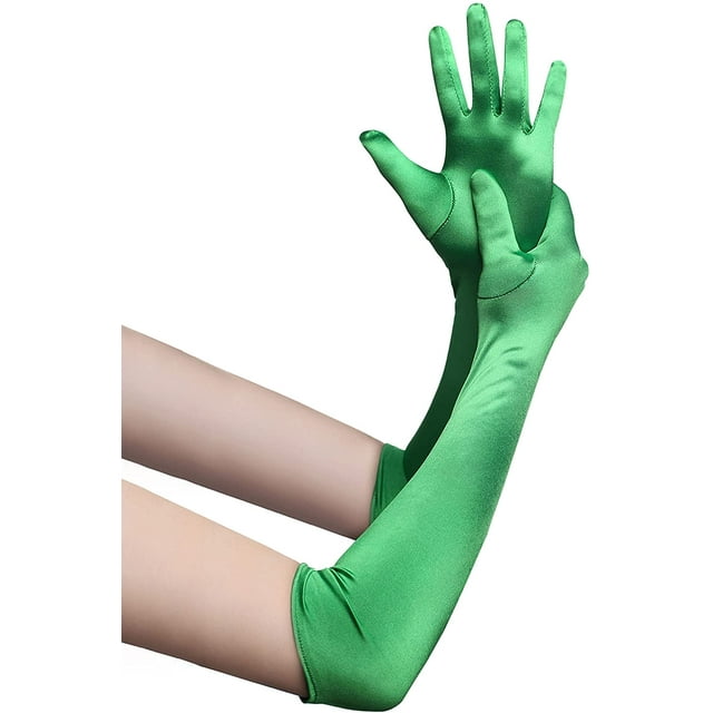Long Opera Party 20s Satin Gloves Stretchy Adult Size Elbow Length,Dark Green