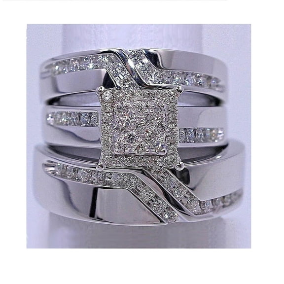 Silver & Stone Jewels Wedding Trio Ring Set His & Her 14K White Gold Finish Round Cut Cubic Zirconia