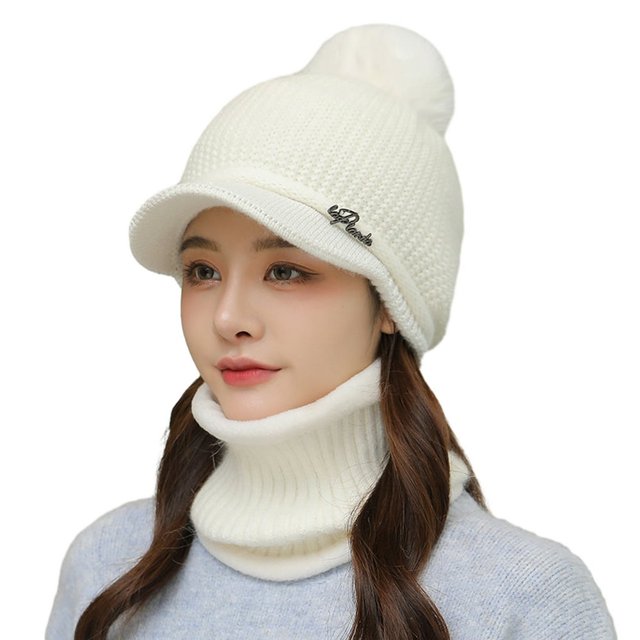 2 Pcs/Set Hat Scarf Set Knitted Plush Ball Decor Solid Color Knitted Elastic Soft Thermal Windproof Wide Brim Baseball Hat Neck Wrap Neck Warmer Cap Set