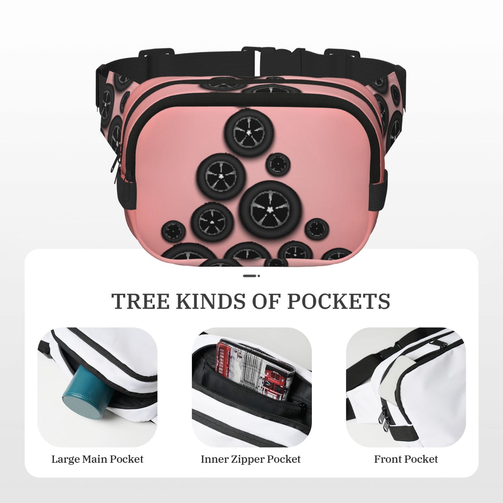 Picia Happy New Year Print Square Double-Layer Waist Bag Mini Adjustable Waist Belt Bag Exercise Running Travel Hiking