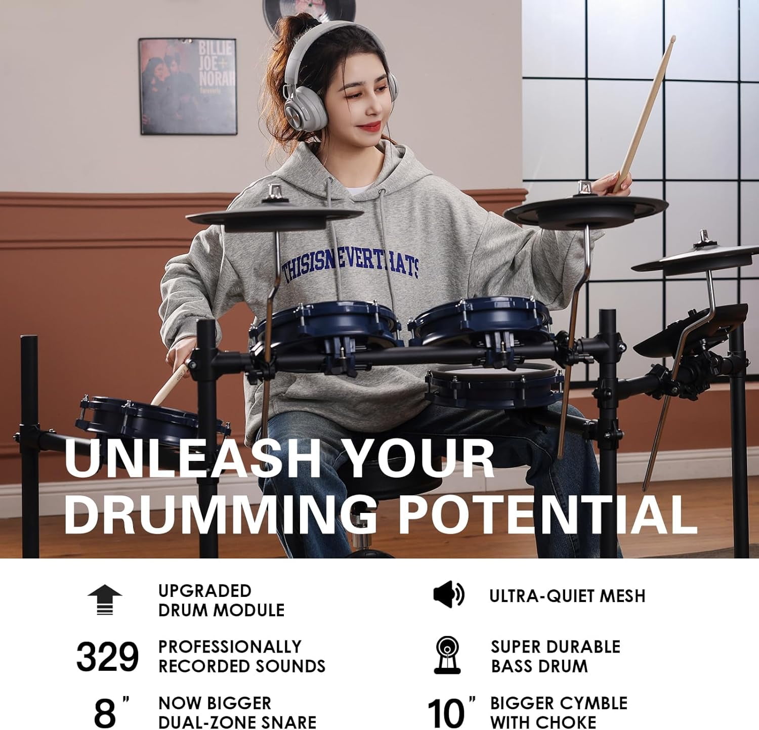 ACE-301 Electric Drum Sets for Adult, Quiet Mesh Pads, Cymbals With Choke, 15+10 Drum Kits and 329 Sounds, USB MIDI, Recording Function, Advance Level