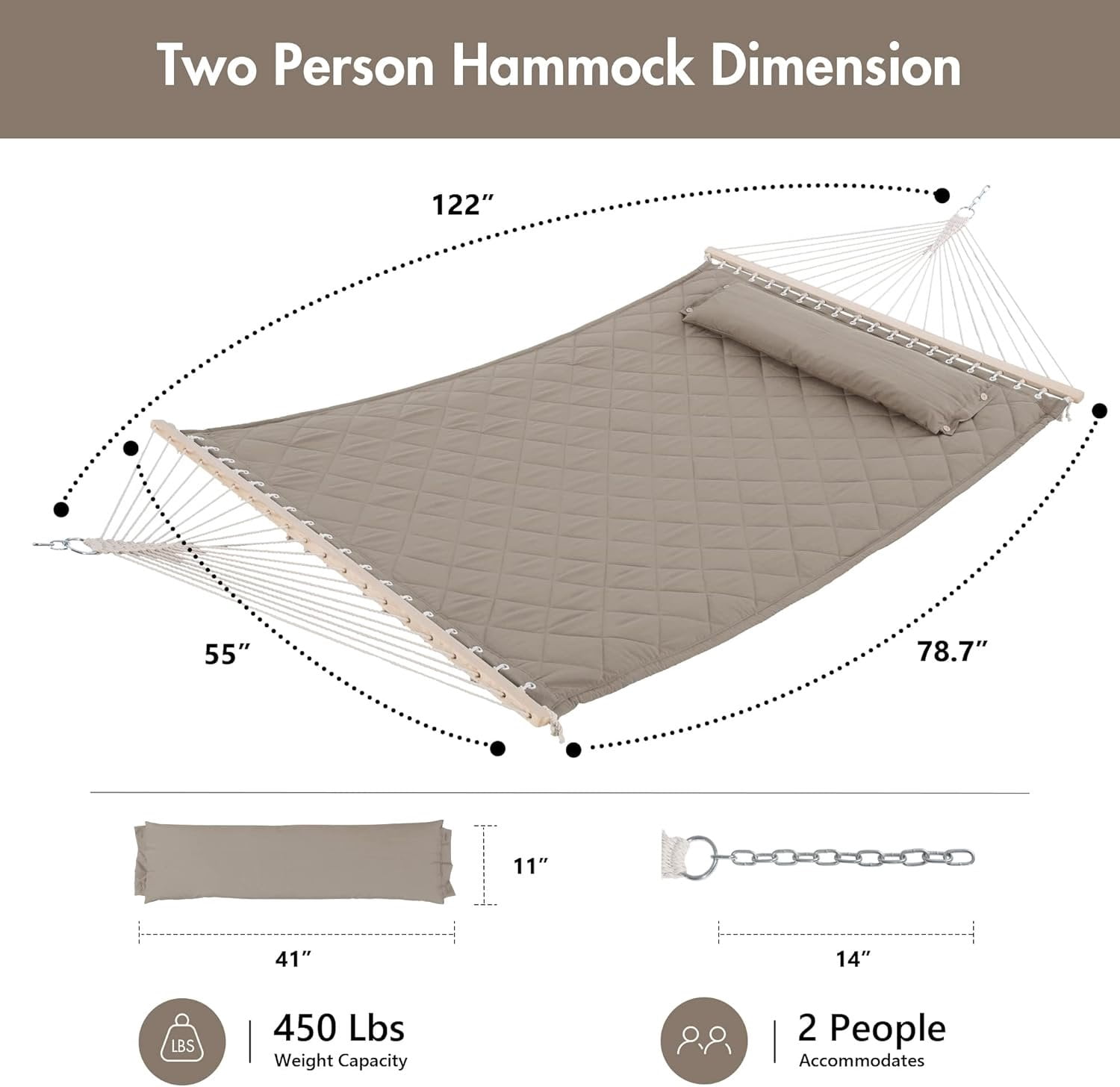 Double Hammock with Spreader Bars and Detachable Pillow, 2 Person Hammock for Outside, 450 LBS Weight Capacity, Light Brown
