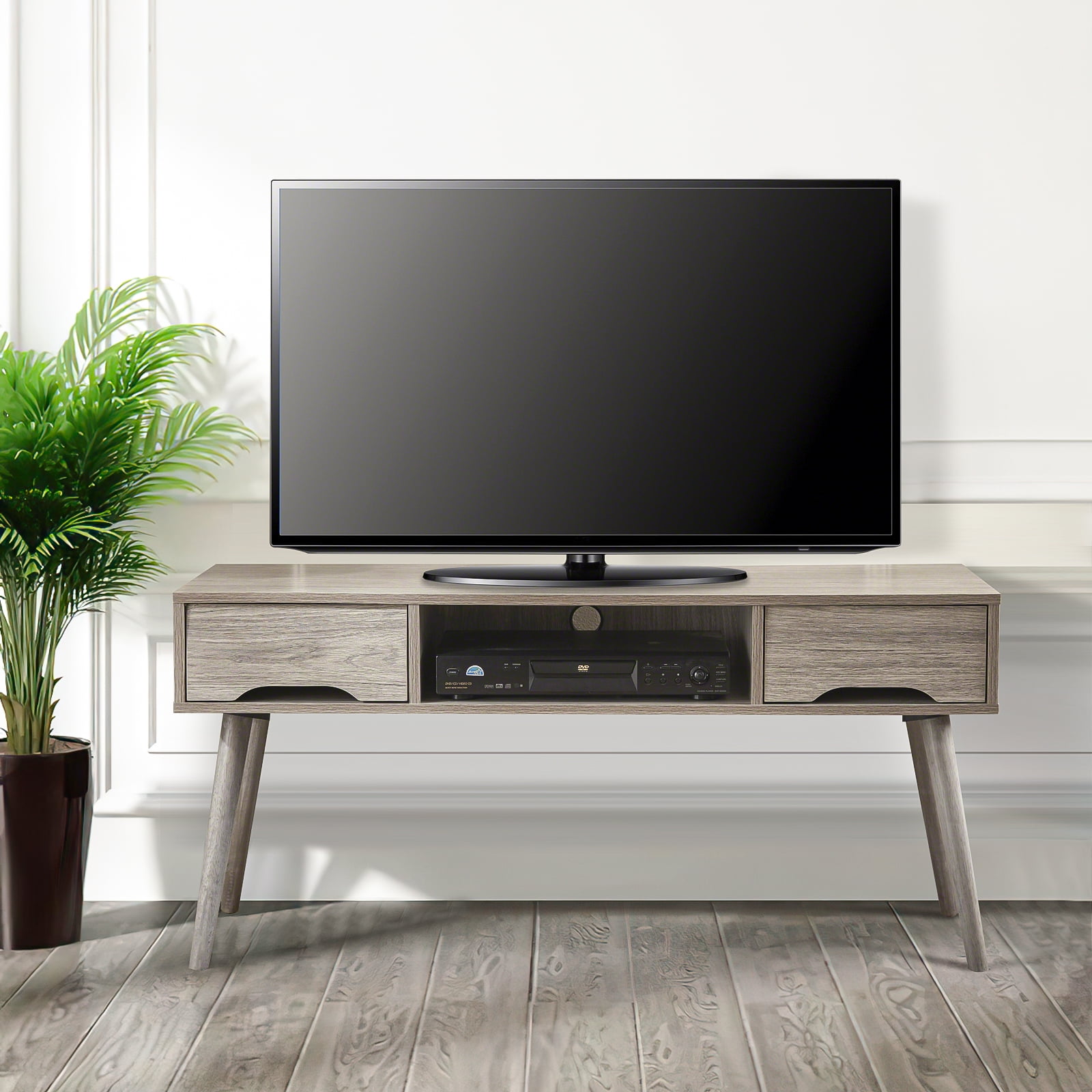 Kadyn Rectangle Coffee Table, Mid Century TV Stand with 2 Drawer & Shelf, Modern Coffee Table for Living Room, Plaid Grey Oak Kadyn Rectangle Coffee Table, Mid Century TV Stand with 2 Drawer & Shelf, Modern Coffee Table for Living Room, Plaid Grey Oak