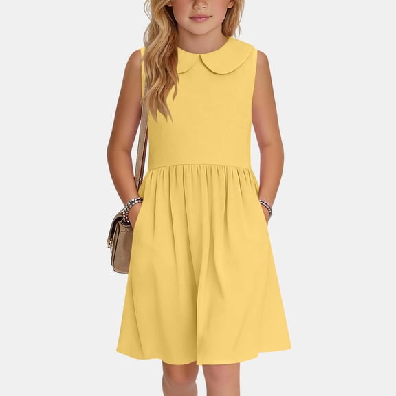 Eltusu Girls Summer Dresses, Sleeveless Knee Length Turn Down Collar Cotton Line Casual Dresses Yellow Size 8 T