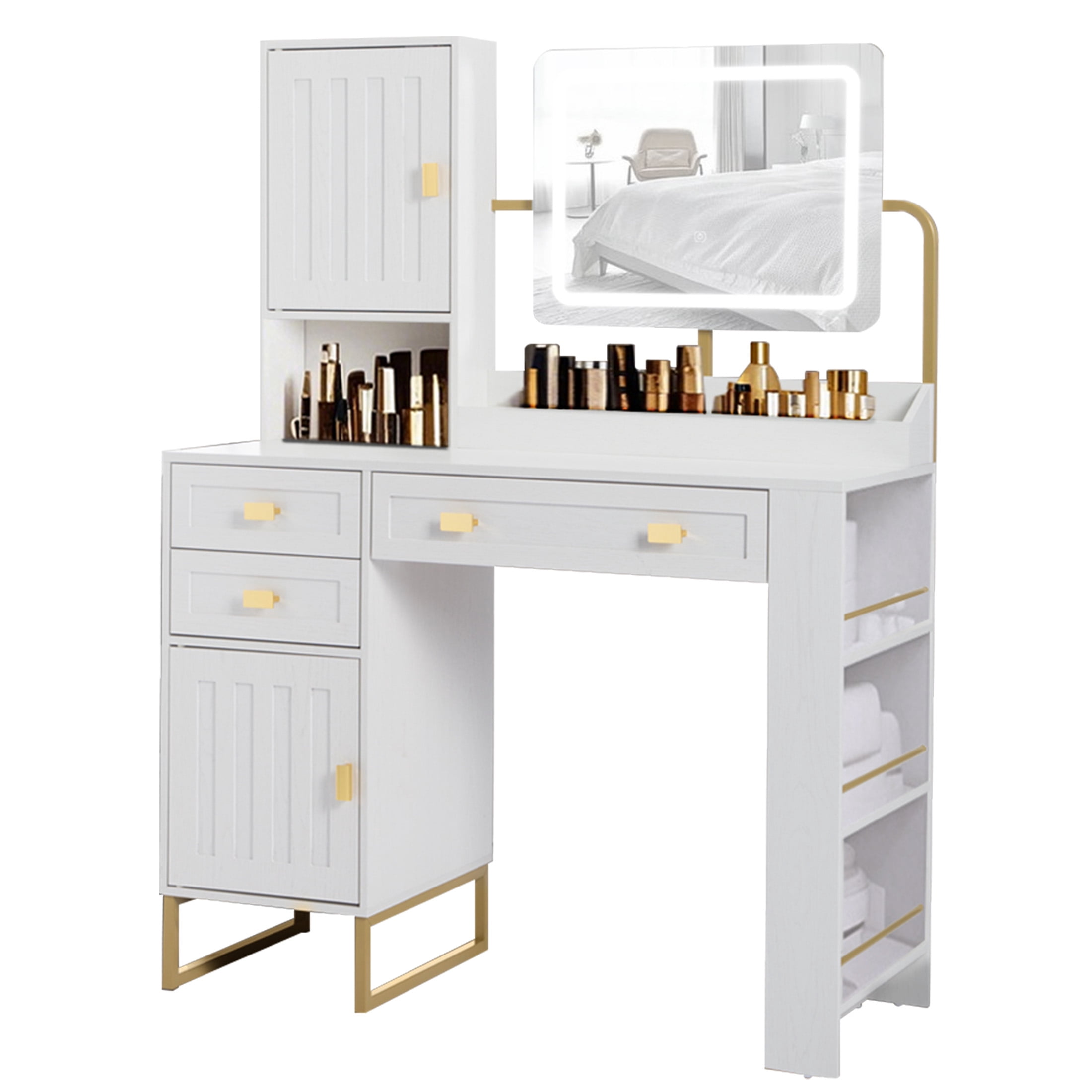Aukfa Vanity Desk with Mirror & Side Rack,Makeup LED Vanity Table for Bedroom,White