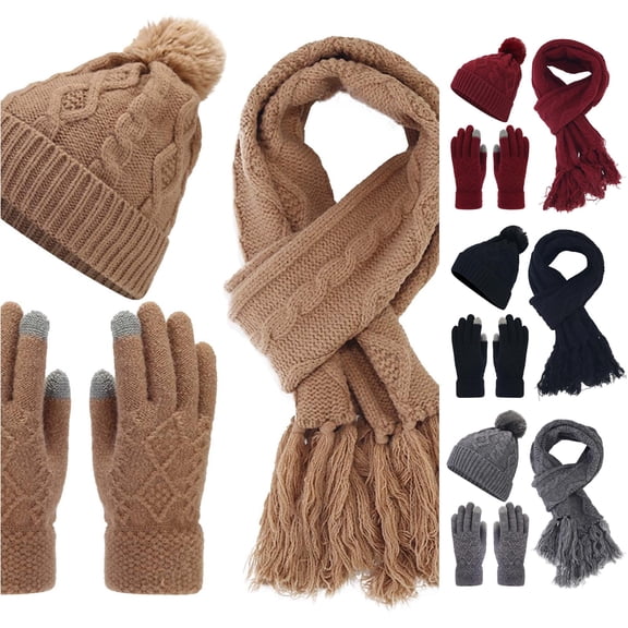 HNMKIU Women's Fashion Casual Solid Color Knitted Warm Woolen Hat Scarf Three Piece Winter Set Khaki - One Size