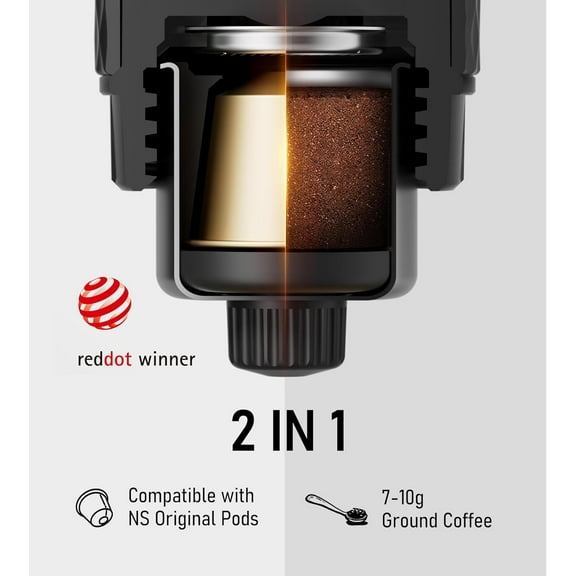 Classic Portable Espresso Maker, 2 IN 1 Travel Coffee Maker Compatible Ground Coffee & NS Original Pods, Espresso Machine with Stainless Steel Chamber for Travel Camping, Manually Operated