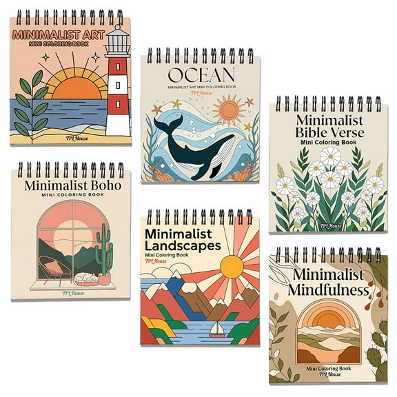 Minimalist Mini Coloring Book Spiral Bound for Adult, Pack 6, 3.5” x 3.5” Pocket Size, 40 Coloring Pages Stress & Anxiety Relief, Travel for Women Men