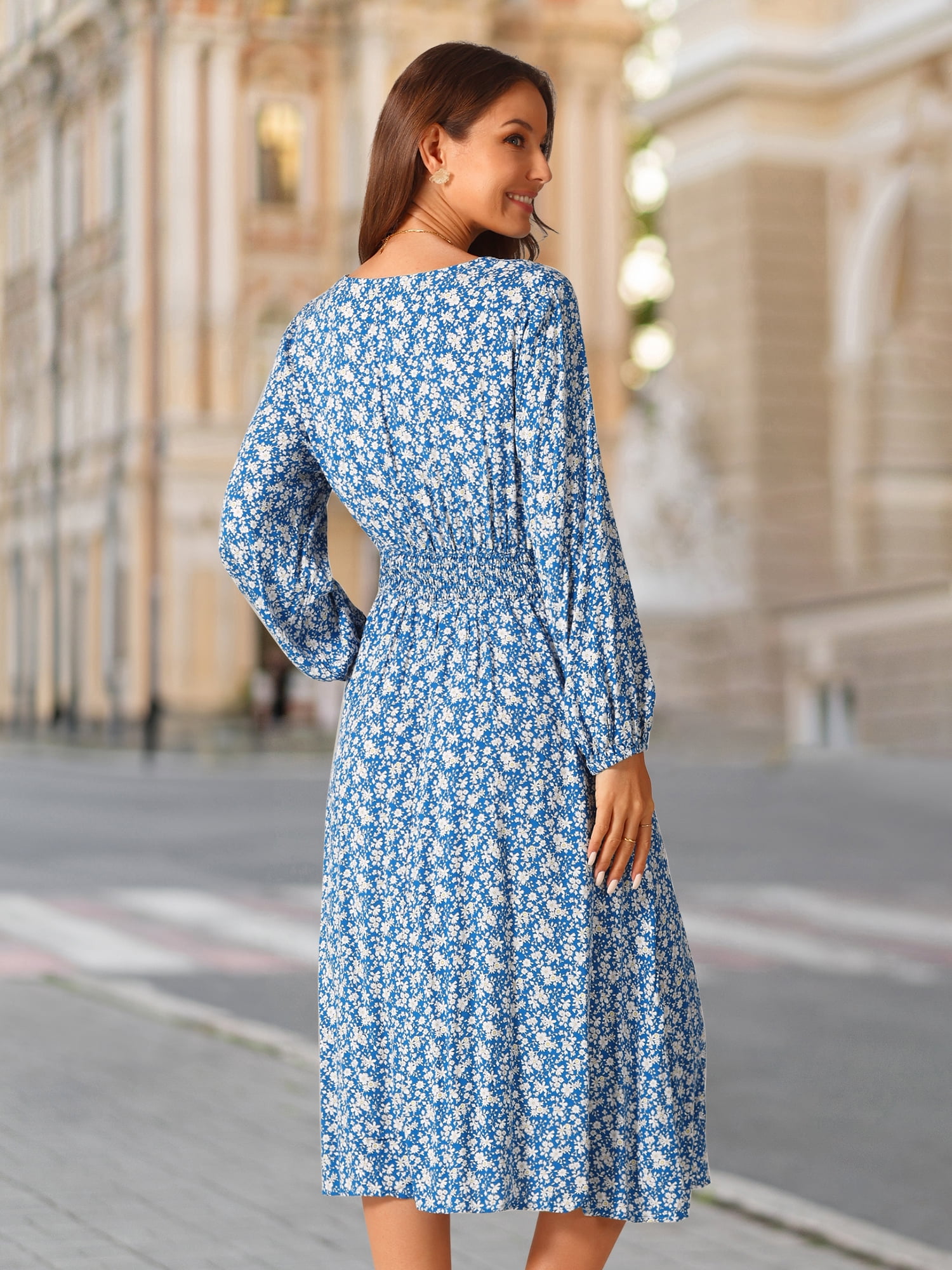 DARING DIVA Fall Long Sleeve Midi Floral Boho Dress M Blue