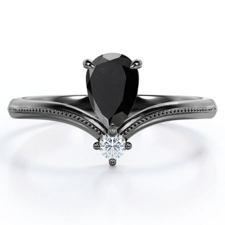 JeenMata Milgrain Border - 1 Carat Pear Cut Lab Grown Black Diamond and Moissanite - V Shaped Double Stone Engagement Ring - 18K Black Gold Plating over Silver