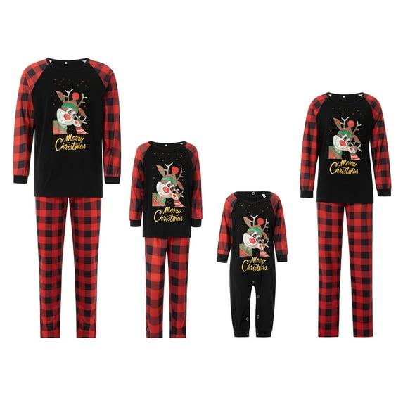 Qiylii Christmas Family Pajamas Set, Cartoon Deer Print Tops+Trousers/Romper