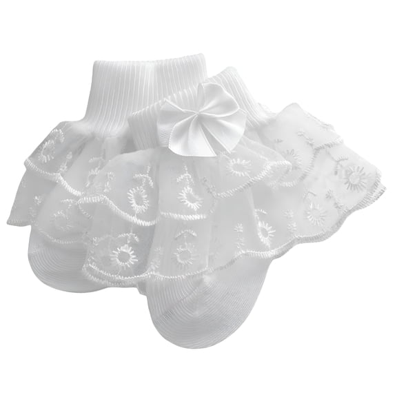 TELOLY Newborn Infant Baby Girls Ruffle Eyelet Lace Socks, Super Soft Cotton Ankle Socks Princess Frilly Socks with Bow Ruffle Socks for Girls