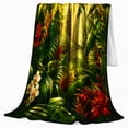 thumbnail image 2 of Golden Sunlit Rainforest with Red Tropical Flowers, Botanical Jungle Art for Plant Lovers, Birthday Gift, Soft Flannel Blanket for Bedroom, Fresh Tropical Home Decor, 2 of 9