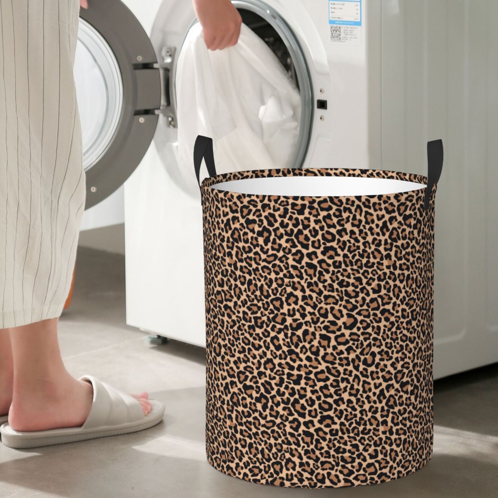 Rateoe Brown Leopard Pattern Round Laundry Hamper Basket, Tall Hamper Basket for Blanket Storage, Nursery Clothes Hamper for Laundry in Bedroom and College Dorm-Medium