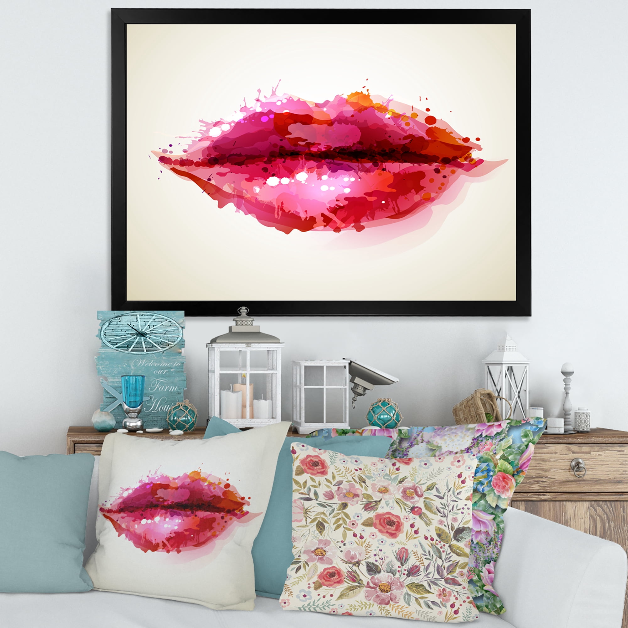Designart 'Red Girl Lips Formed By Abstract Blots' Modern Framed Art Print