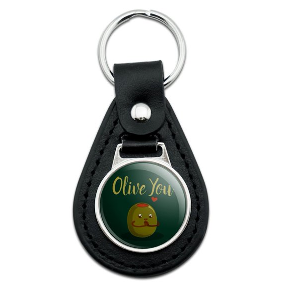 Olive You I Love You Funny Black Leather Keychain