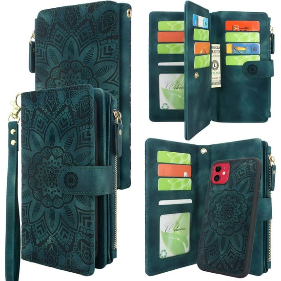 Detachable Magnetic Zipper Wallet Leather Case Cash Pocket with Card Slots Holder Wrist Strap for iPhone 11 6.1 inch 2019 Floral Flower (Teal)