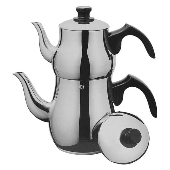 Traditional Long Persian Iranian Middle Arabic Turkish Induction Double Tea Kettle Thick Heavy Stainless Steel Glass Top Teapot 2-Pc Set 2.5-Liter 1 Liter Pot Samovar Chai