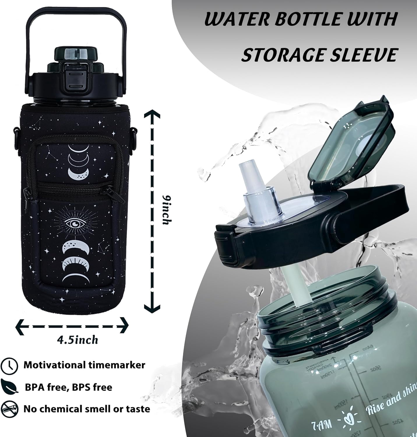 64 oz Water Bottle with Straw Sleeve & Strap Motivational BPA Free Half Gallon Water Jug with Handle for Gym Women Men Aesthetic Water Bottle with Strap Star Sign