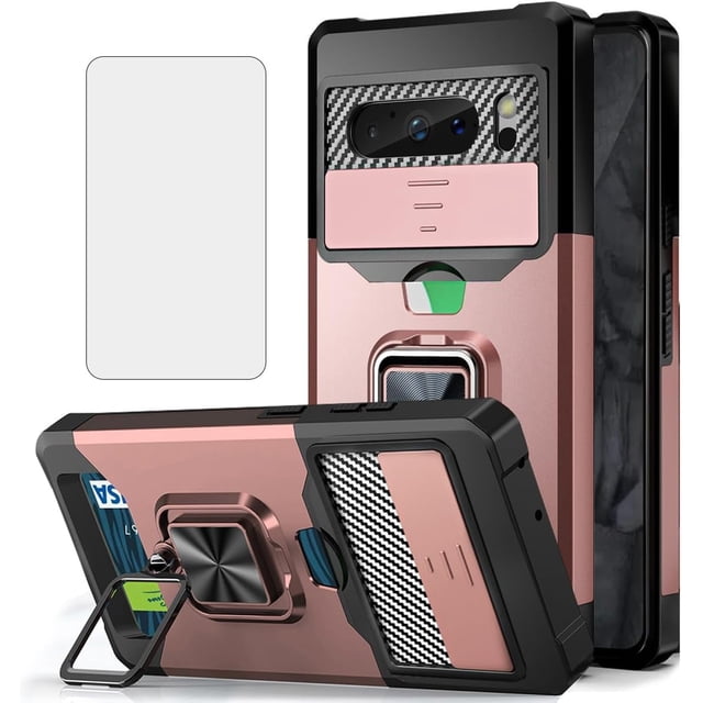 KOMI Design for Google Pixel 8 Pro Phone Case with Screen Protector Card Holder Stand Kickstand Heavy Duty Shockproof Hybrid Rugged Drop Protective Cover for pixel8pro 8pro Women 6.7 inch Rose Gold
