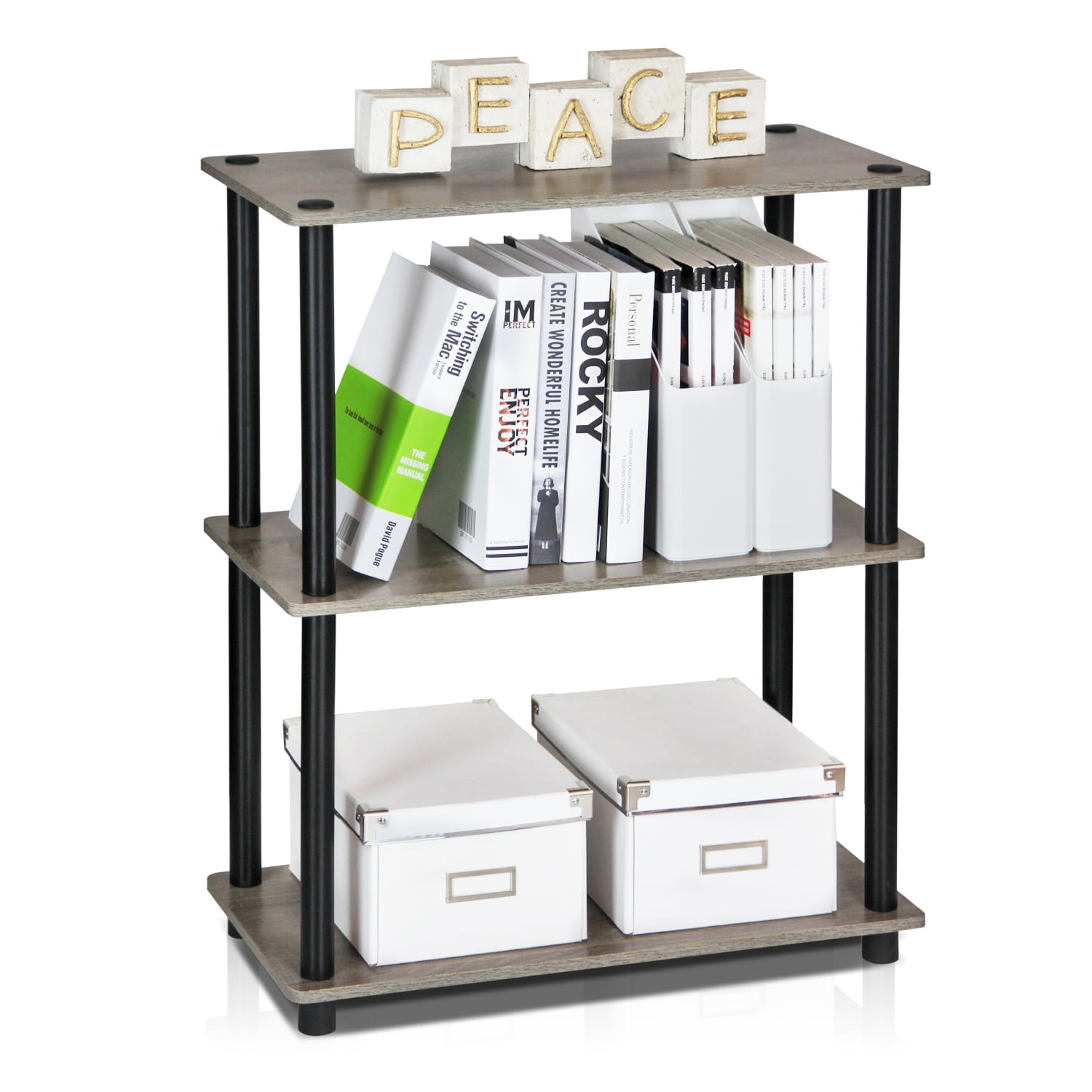 Furinno Rata 3-Tier Industrial Multipurpose Flat Base Shelf Display Rack with Metal Frame, French Oak Grey