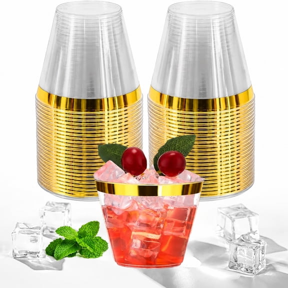 Asoricing Gold Rim Plastic Cups, 100 Pack 9 oz Clear Disposable Party Cups for Weddings, Birthdays, Cocktails and Desserts