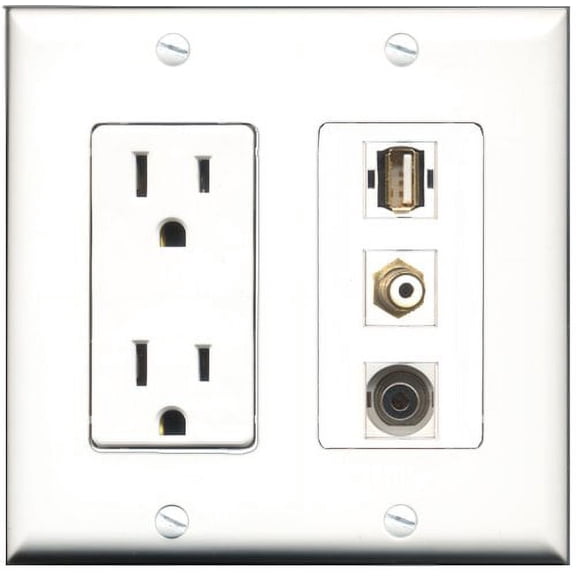 RiteAV - 15 Amp Power Outlet 1 Port RCA White 1 Port USB A-A 1 Port 3.5mm Decorative Wall Plate