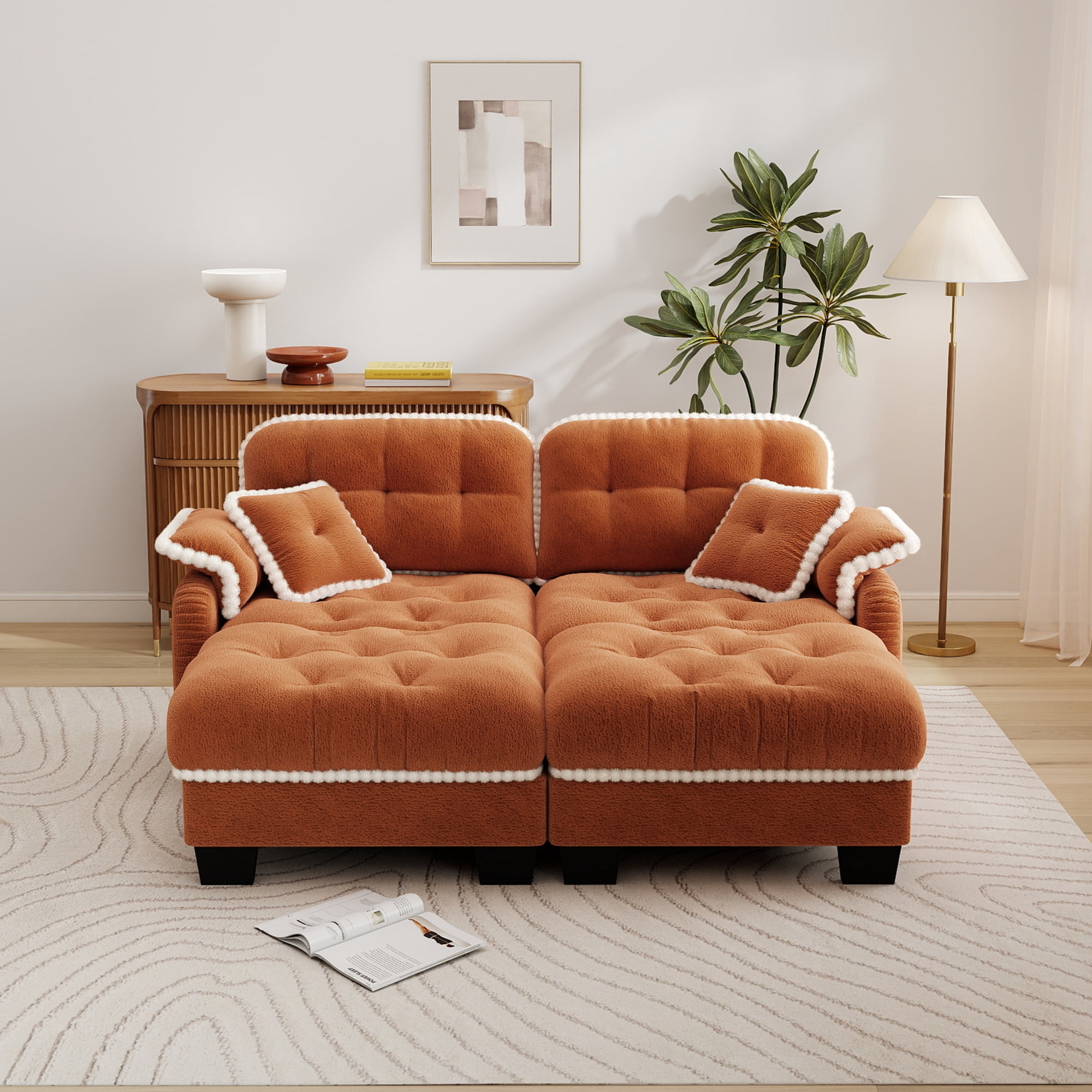 Aenkyo 70" Chenille Modular Sectional Sofa with 2 Ottomans, 23.8" Deep Seat, Orange