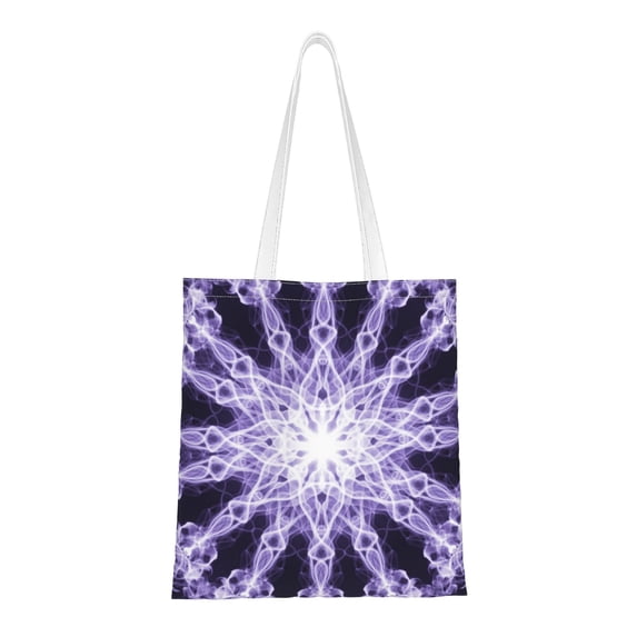 DouZhe Reusable Grocery Bags, Fractal Purple Mandala Lightweight Polyester Canvas Cloth Tote Bag for Travle Gym Shopping School, 15" x 16"