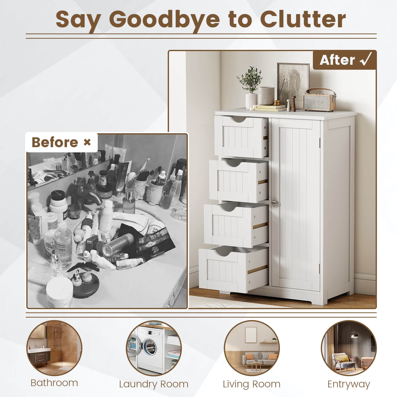 Costway Wooden 4 Drawer Bathroom Cabinet Storage Cupboard 2 Shelves Free Standing White