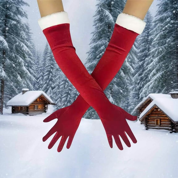 BRGZLK Women Christmas Red Gloves Long Style Velvet Gloves with White Furry Cuff Christmas Santa Party and Weddin Fashion Breathable Clothe Accessories