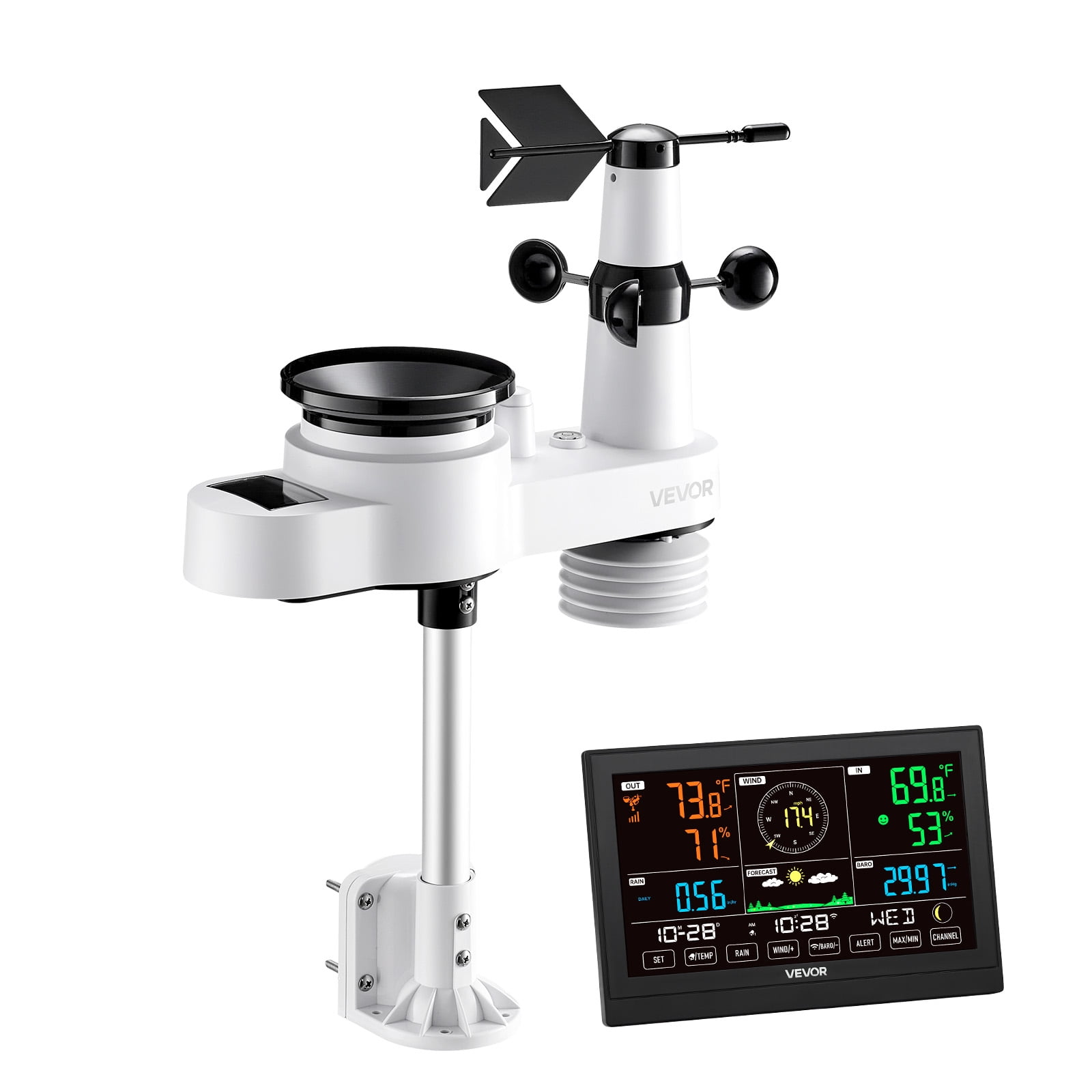 VEVOR 5-in-1 Wi-Fi Weather Station, 7.5-Inch VA Display, Wireless Solar Powered Outdoor Sensor, Rain Gauge, Indoor Outdoor for Weather Forecast, Wind Speed Direction, Temperature, Humidity, Rainfall