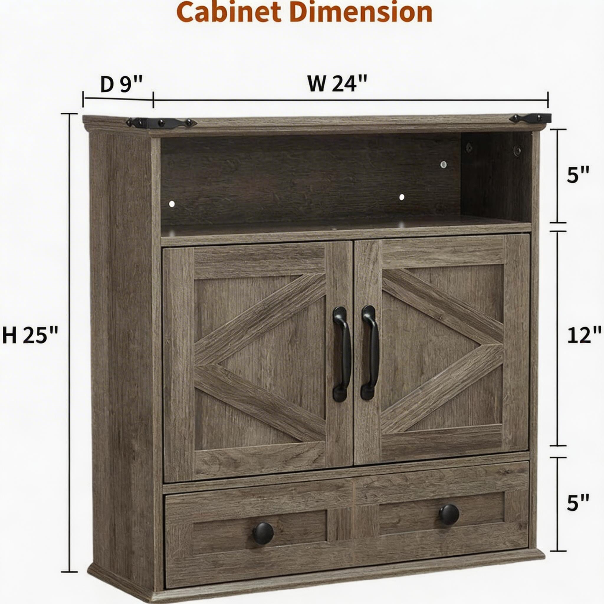 25" Wide Wall-Mounted Bathroom Cabinet with Barn Doors, Over-Toilet Storage with Adjustable Shelf & Drawer, Hanging Cabinet for Bathroom, Kitchen, Laundry, or Entryway