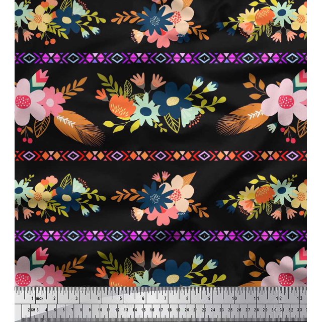 Soimoi Polyester Crepe Fabric Leaves & Floral Artistic Print Sewing Fabric Yard 42 Inch Wide