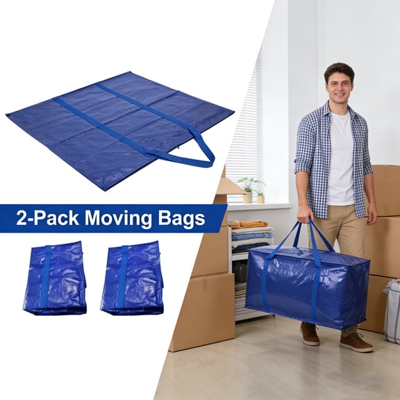ASKITO 2 Pack Extra Large Moving Bags with Zippers & Handles, Heavy-Duty Foldable Storage Tote for Space Saving, Alternative to Moving Boxes, Blue