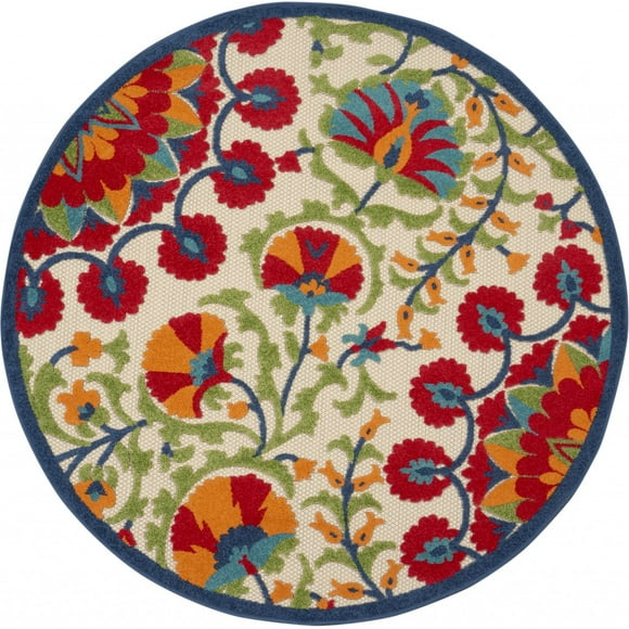 homeroots outdoor 384998 4’ Round Red and Multicolor Indoor Outdoor Area Rug
