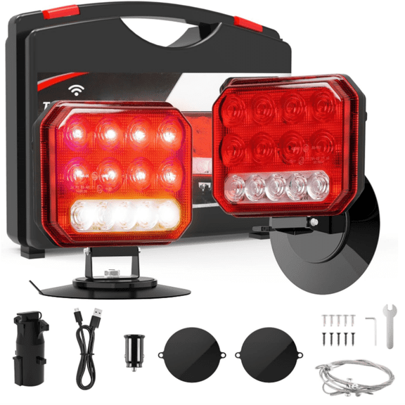 Wireless Trailer Lights, 4-in-1 LED Tail Lights with Emergency Strobe - Brake/Turn/Reverse, Magnetic & Suction Cup Mount for Trailers, Trucks, RVs, Boats
