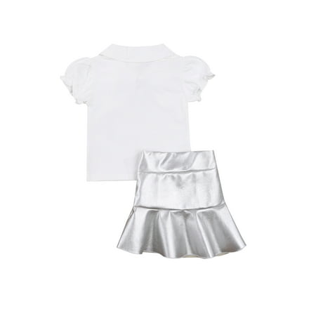 

Girl s Two-Piece Suit Lapel Bowknot Sleeveless Tops + PU Leather Skirt Set