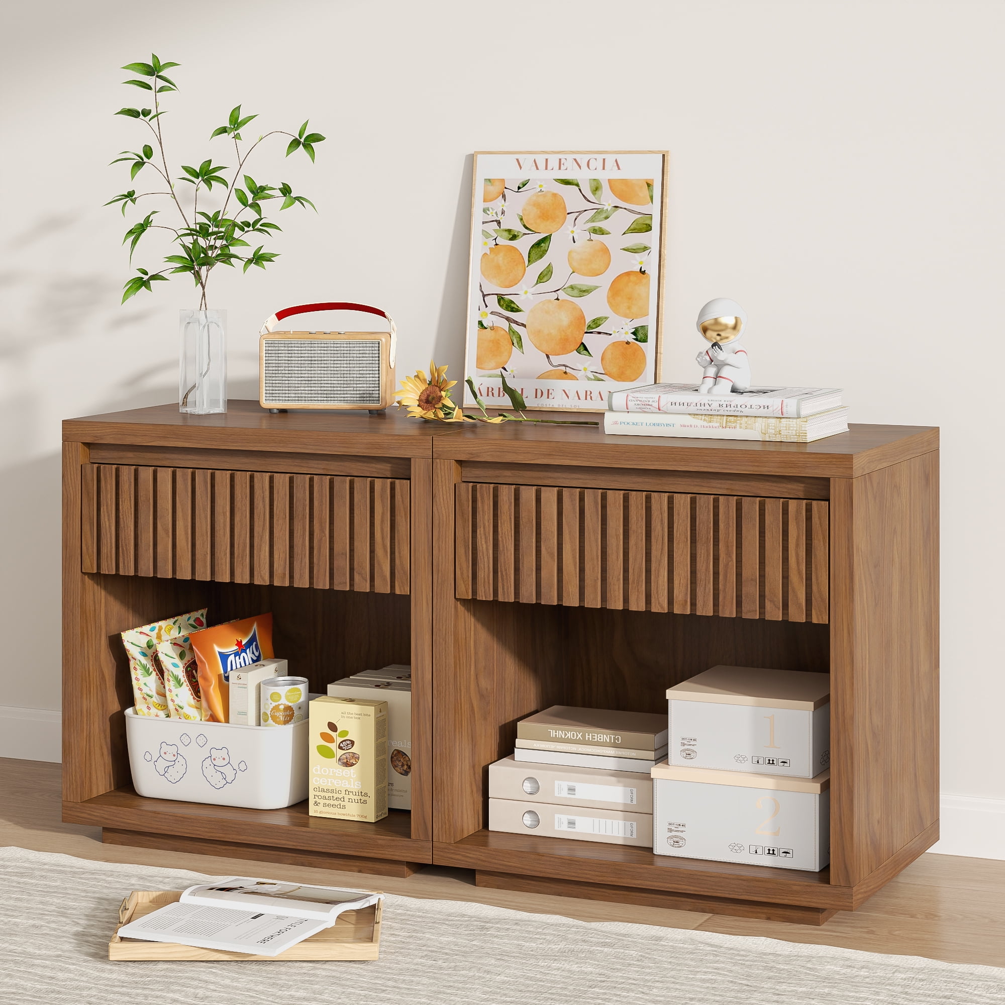 Nightstand with Drawer, Mid Century Nightstands with Open Storage Shelf, Wood Bedside Table