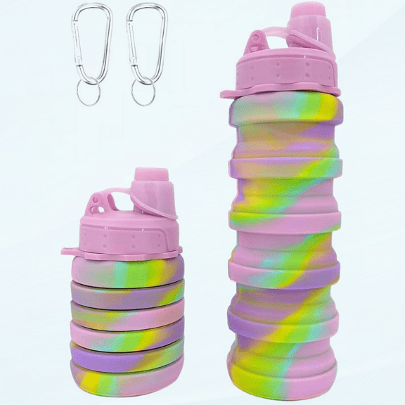 Collapsible Water Bottles 2 Pack, 16oz Reusable BPA Free Silicone Foldable Water Bottles for Travel Camping Hiking, Portable Leak Proof Sports Water Bottle with Twist Cap and Carabiner, Pink