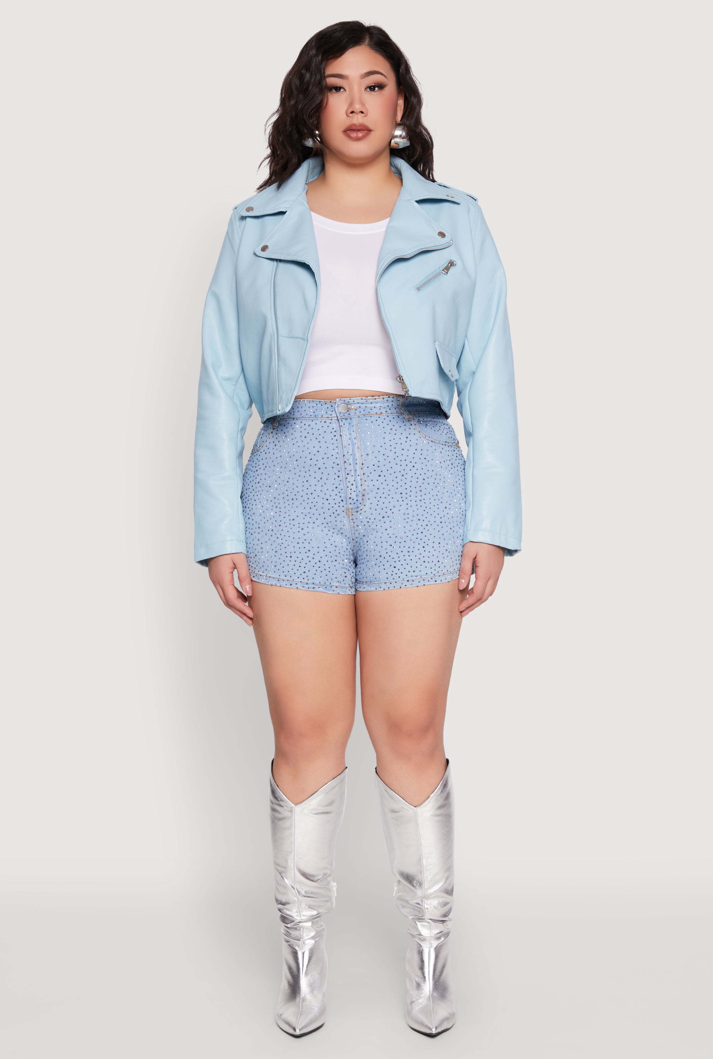 Womens Plus Size Daisy Faux Leather Cropped Moto Jacket