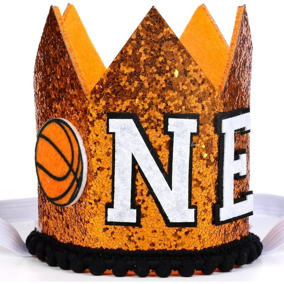Basketball 1st Birthday Hat, Baby Boys First Birthday Glitter Crown Orange, One Year Old Sports Theme Party Photo Props Decorations Supplies Favors