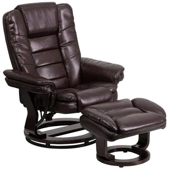 Contemporary Brown Leather Recliner with Horizontal Stitching and Ottoman with Swiveling Mahogany Wood Base