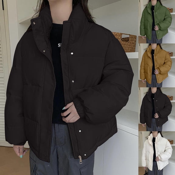 HAPIMO Women Cotton Padded Jacket Winter Thick Puffer Jackets Casual Streetwear Short Parkas Outwear Pockets Coats Button Stand Collar Beige L