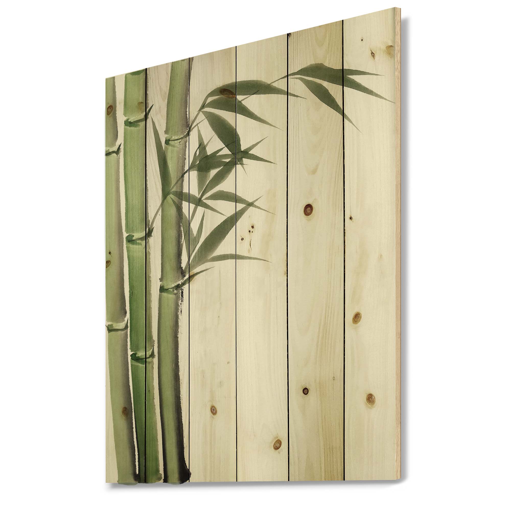 Designart 'Detail of Dark Green Bamboo and Leaves IV' Traditional Print on Natural Pine Wood