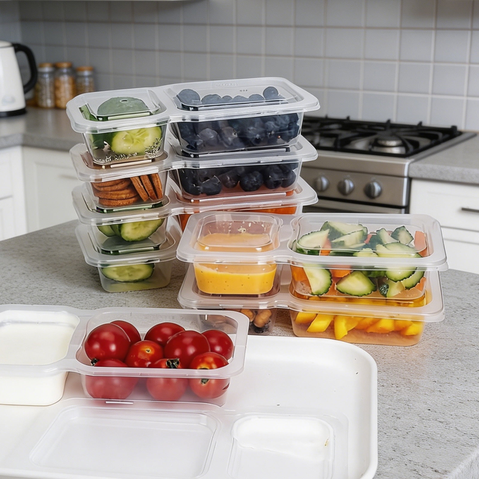 9 Ounce Two Compartment Storage Containers Reusable Stackable Refrigerator Produce Freshness Savers Bpa Free Plastic for Meal Prep Snacks Sauces Leftovers Clear 20 Pack