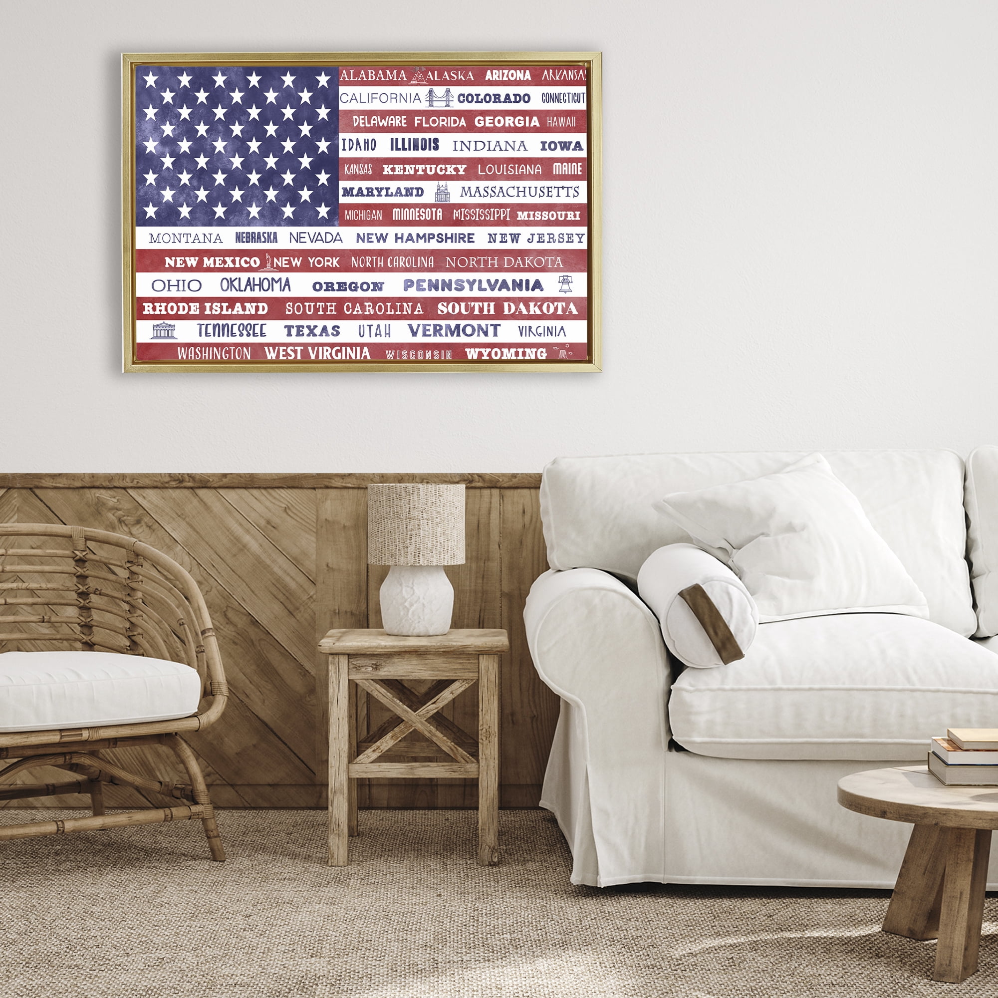 Stupell Industries States Of America Flag Gold Framed Floater Canvas Wall Art, design by Daniela Santiago