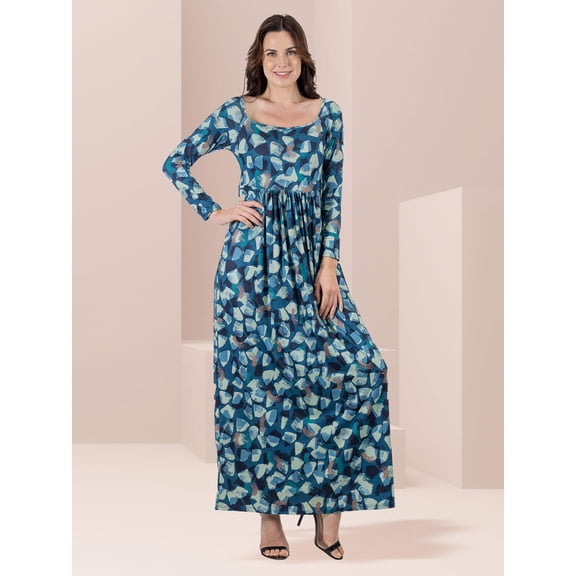 24seven Comfort Apparel Womens Blue Abstract Long Sleeve Pleated Maxi Dress-R0066019TST-1X