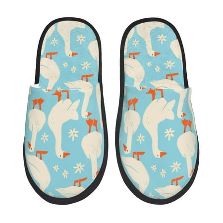 Balery White Geese and Flower Slient Indoor Furry Fleece Comfort House Shoes Soft Non-Slip Home Shoes Cotton slippers House Slippers-- Medium